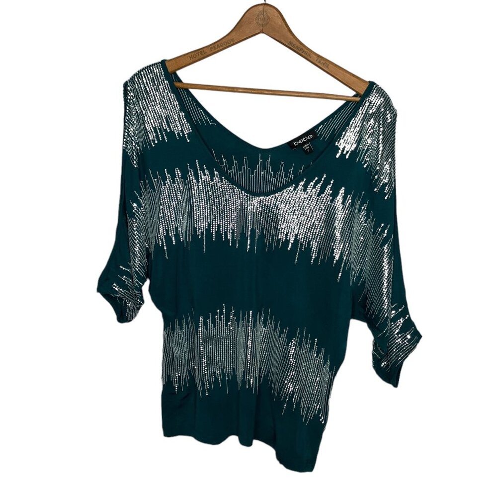 Vintage Y2K 00s Bebe Small S Teal Sequin Embellished Bling Cold Shoulder Top‎